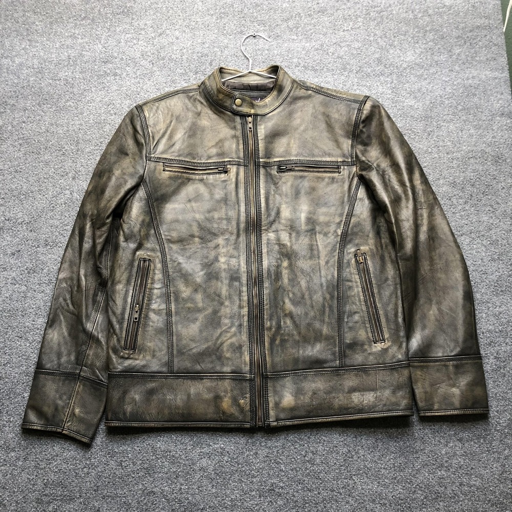 Real Leather Jacket Mens 2XL Brown Motorcycle Biker Full Zip Cafe Racer Lined